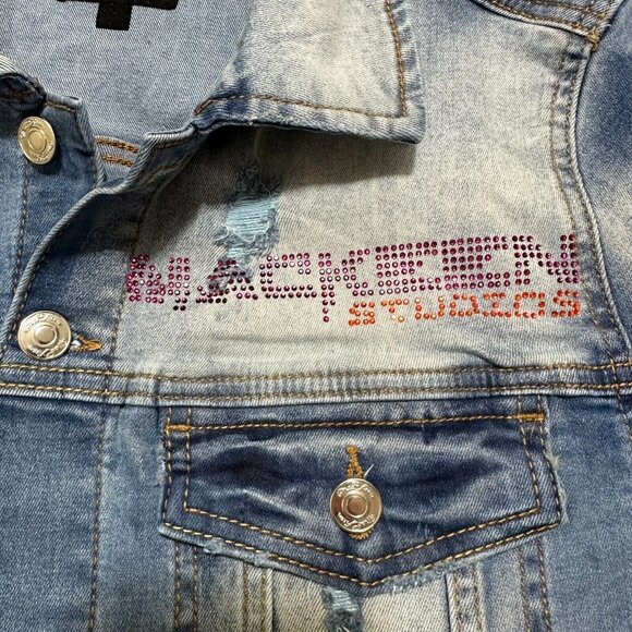 Mackeen Jean Jacket Size S Distressed Kenny Stretch Button Up Blue Denim - Picture 5 of 10